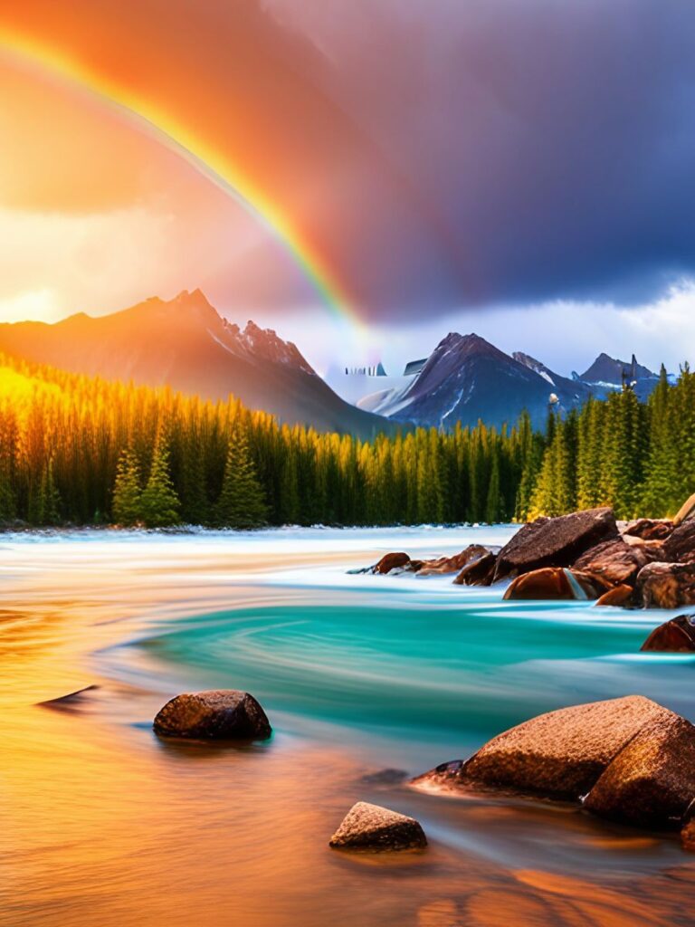 Rainbow in the sky at sunset over the mountains.