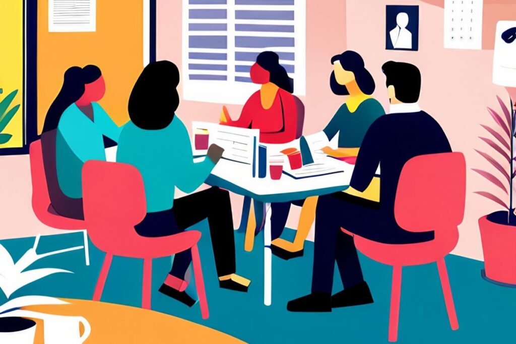 Cartoon graphic of a busy coworking space.