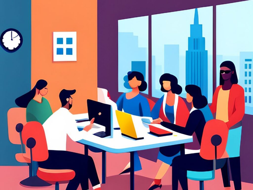 Cartoon graphic of a busy coworking space in a big city.