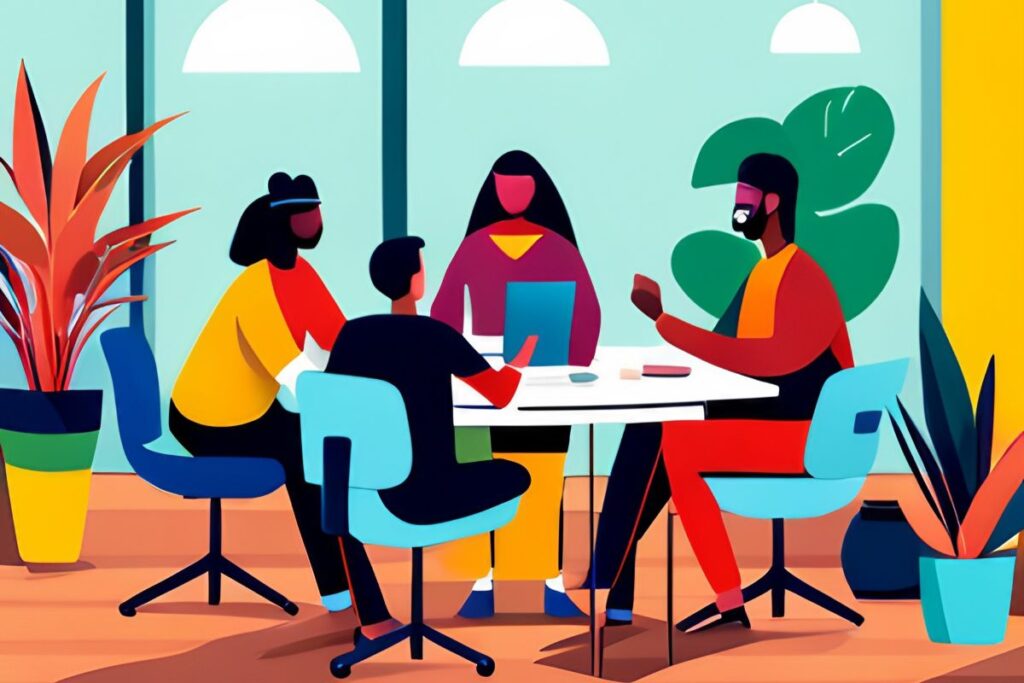 Cartoon of People discussing a Virtual Office vs Coworking Space option.