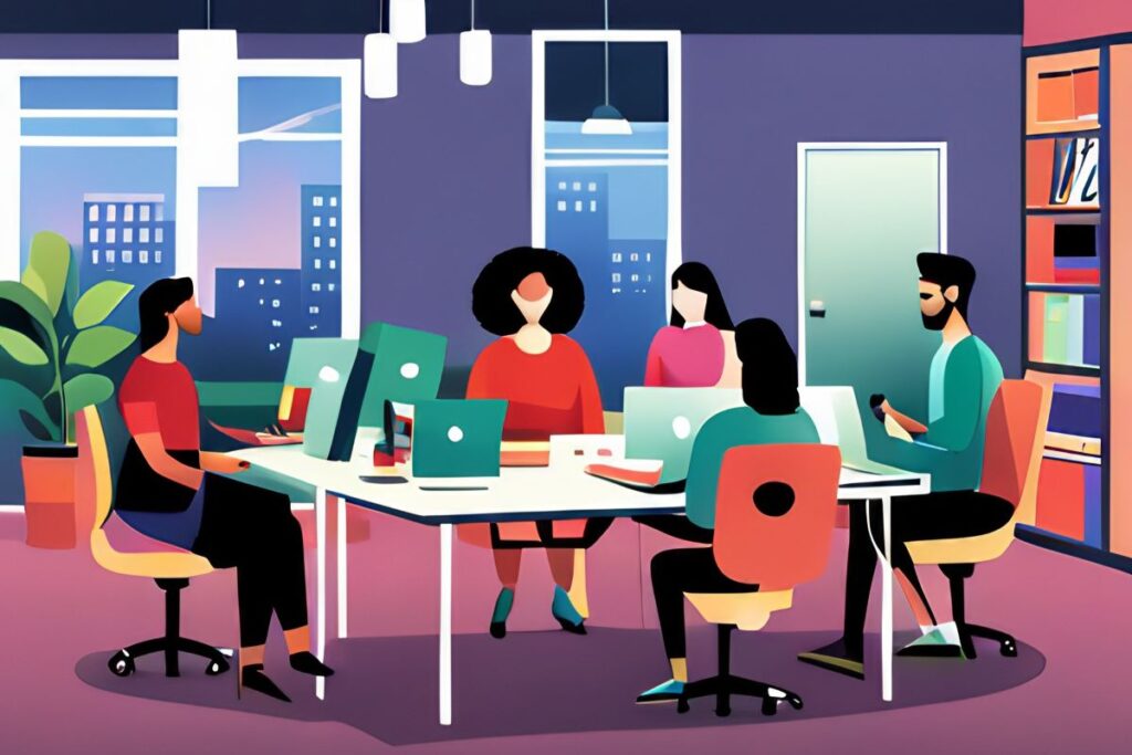 Cartoon of people working in a coworking space in the evening