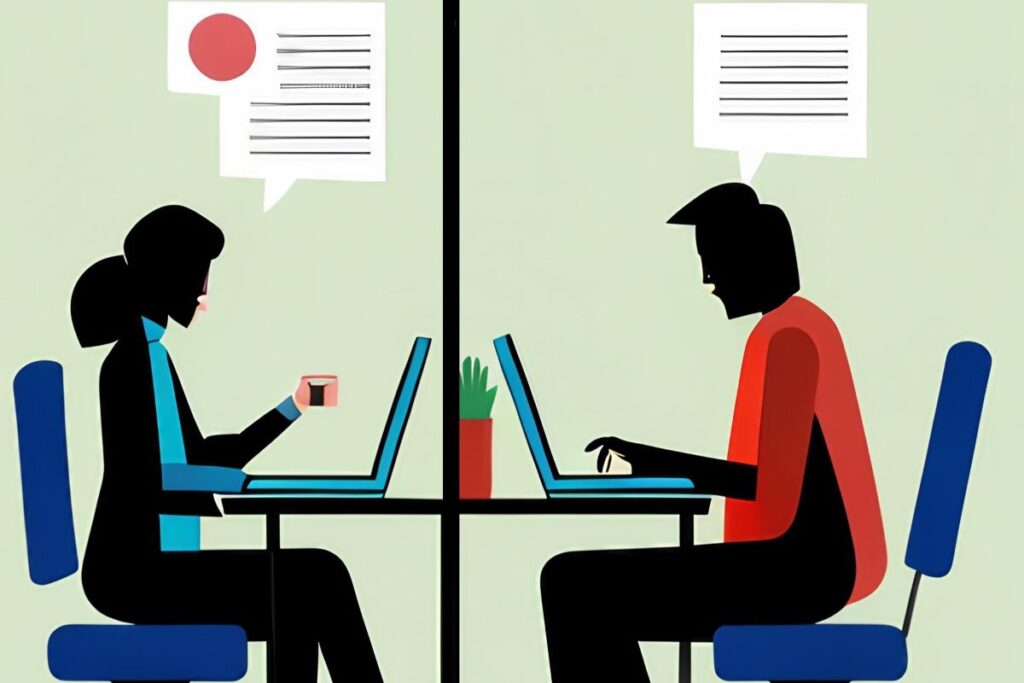 Two people in different rooms working on their laptops while virtual coworking together.