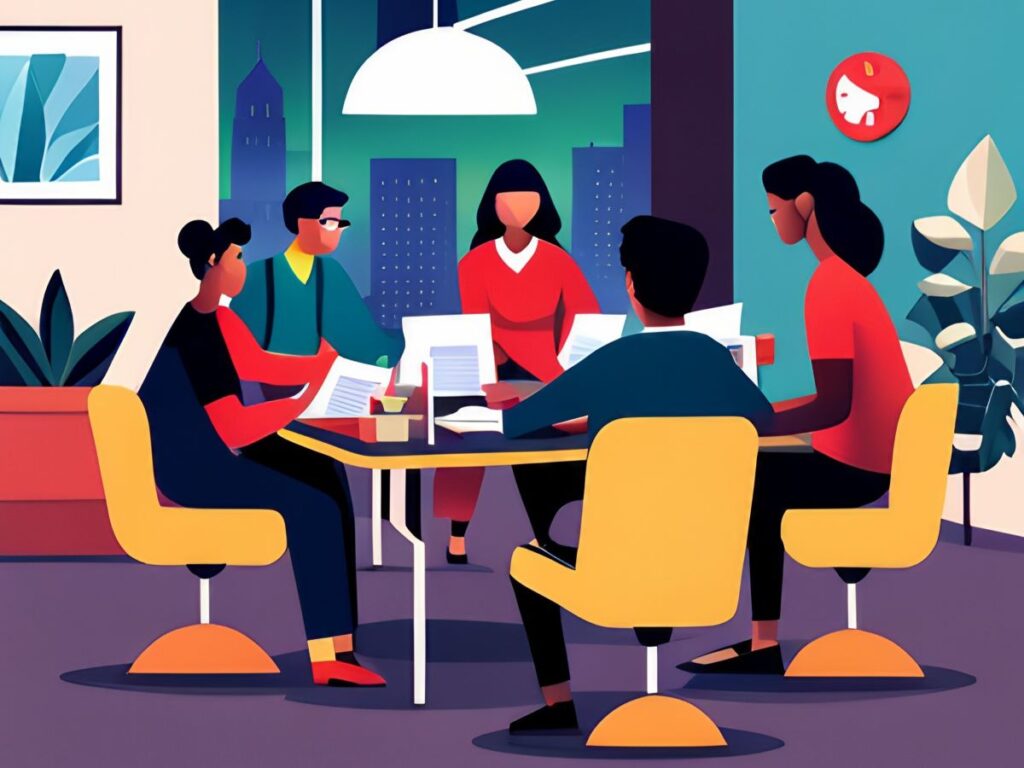 Cartoon graphic of a coworking space in the evening with 5 remote workers sitting around a shared work desk area.