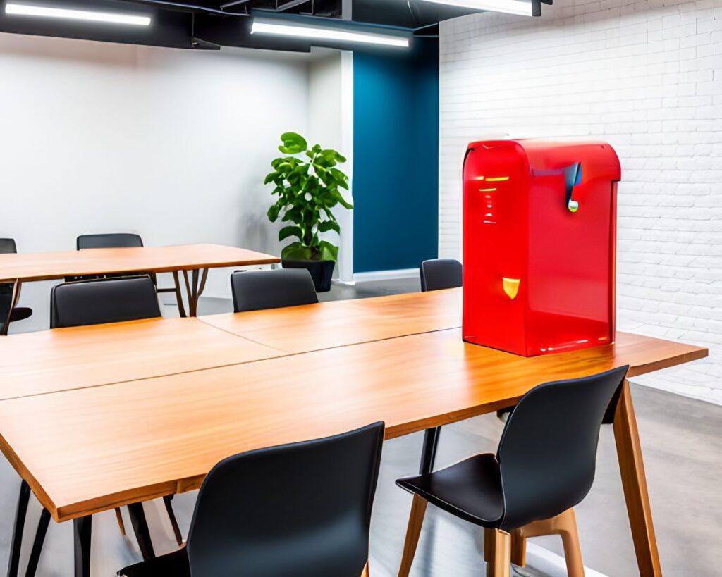 Coworking space with a red mailbox on a table. Is this the future of the digital nomad mailing address?