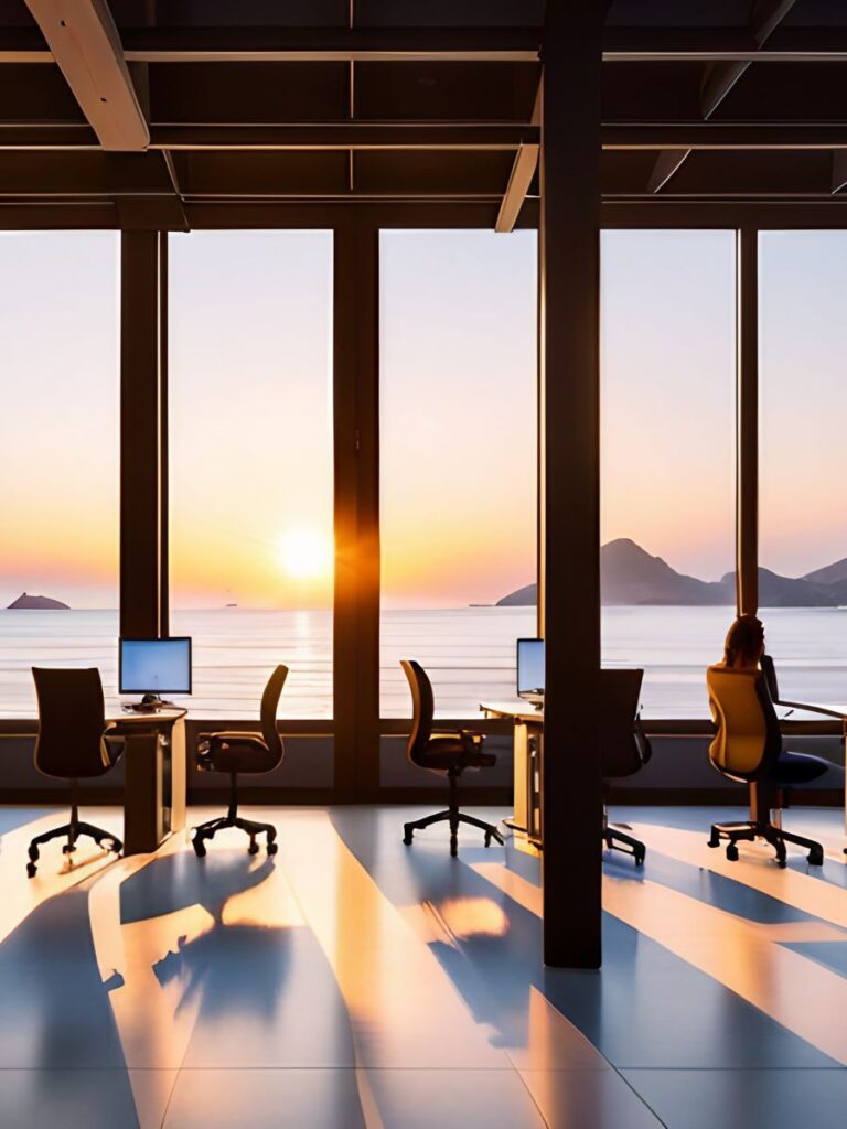 In considering coworking vs private office arrangements, look at the location. Like this coworking space at sunset overlooking the water and some mountains the background.