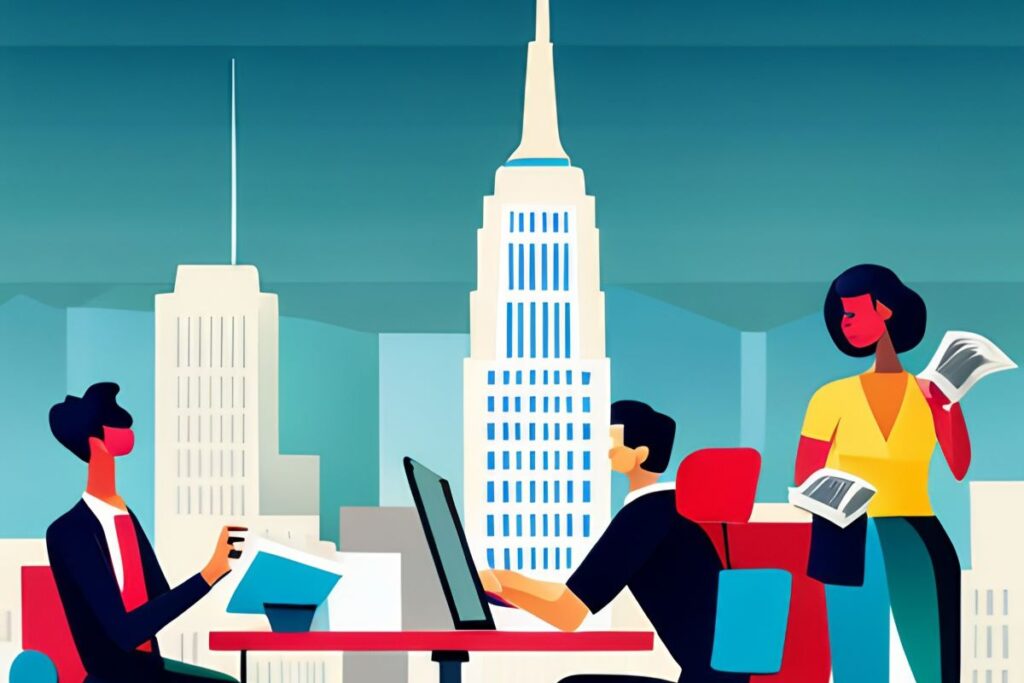 Cartoon of people coworking in NYC