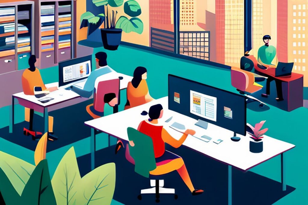 Cartoon of people working at various shared work tables in a high rise coworking space.
