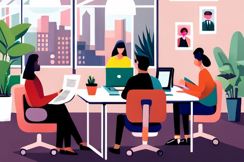 Cartoon of people working collaboratively in a coworking space.