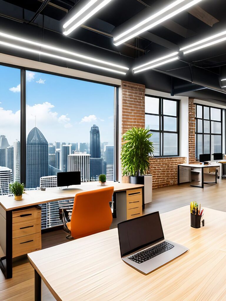 High rise coworking space in a big city with a skyline view.