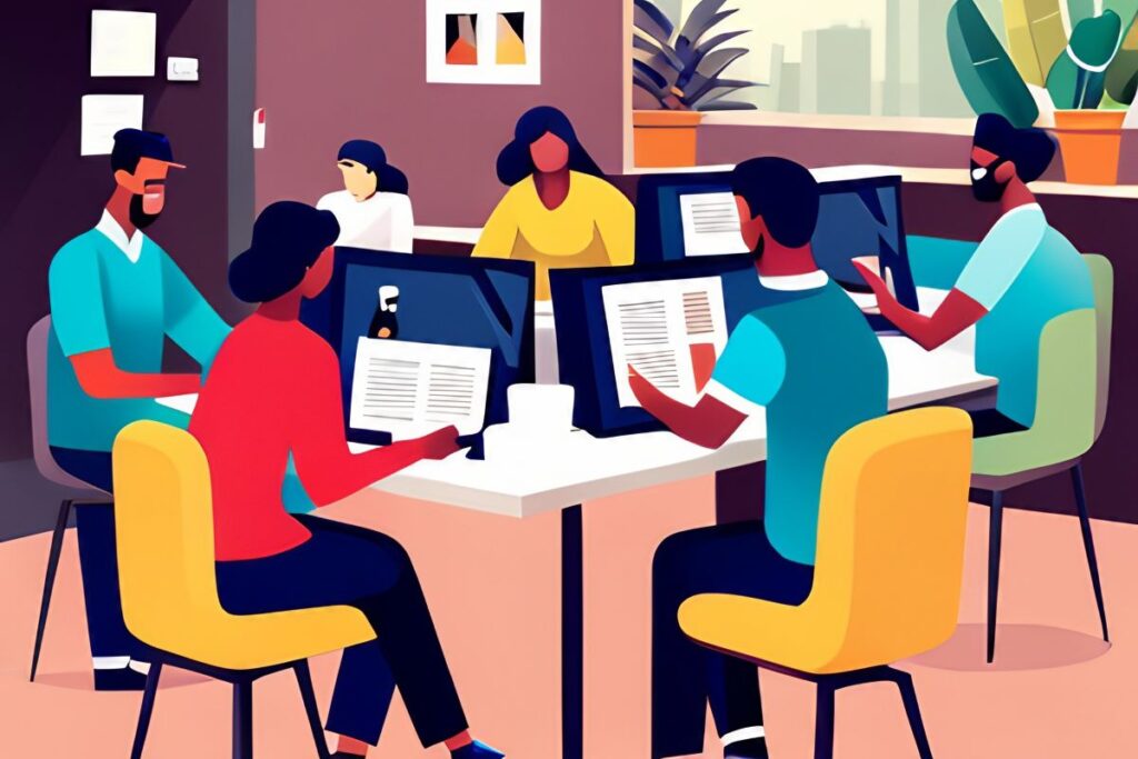 Cartoon graphic of a busy coworking space, portraying 'how does coworking work' as a collaborative environment.