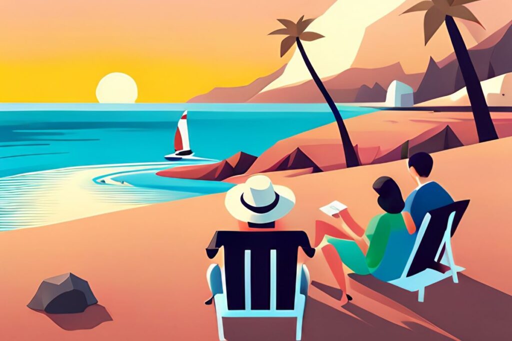 Cartoon of 3 people hanging out on the beach while watching the sunset.