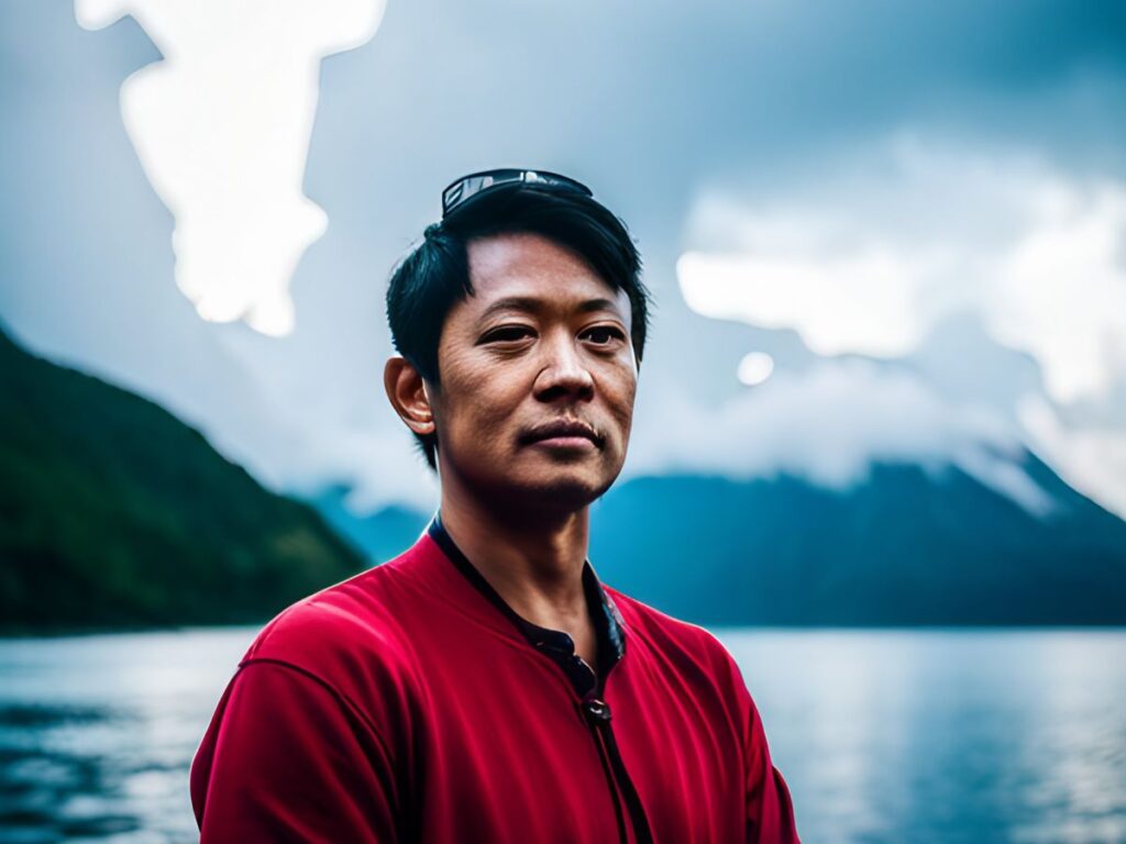 Man in a red shirt looking pensive in front of a lake.