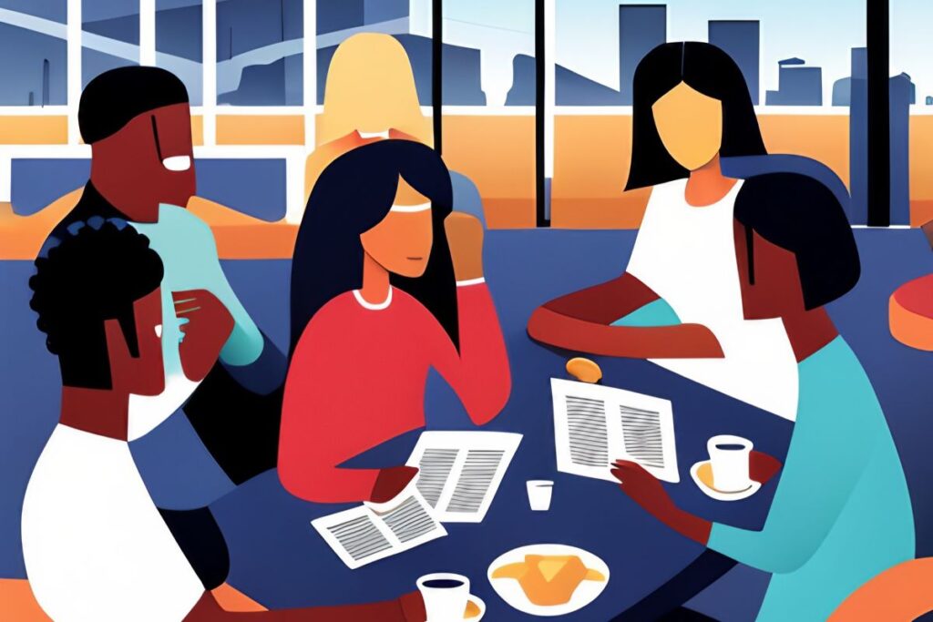 Cartoon image of people enjoying one of the coworking evenst at their local coworking space.