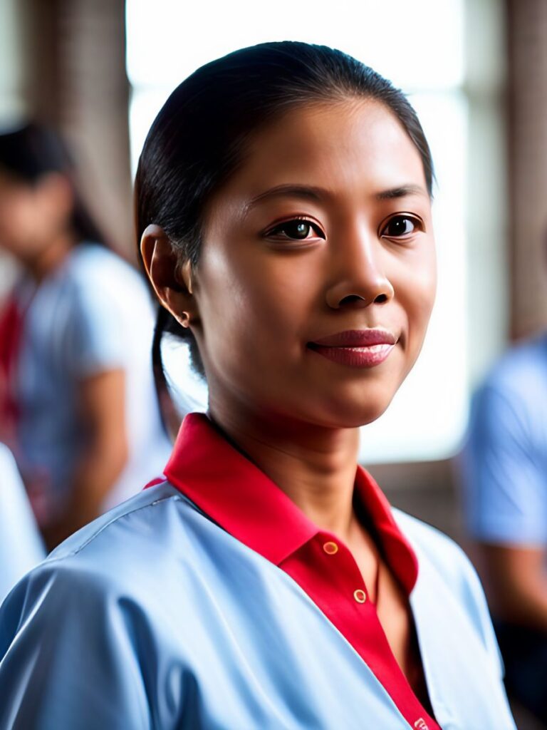 Woman in blue and red, volunteering at one of her local coworking events.