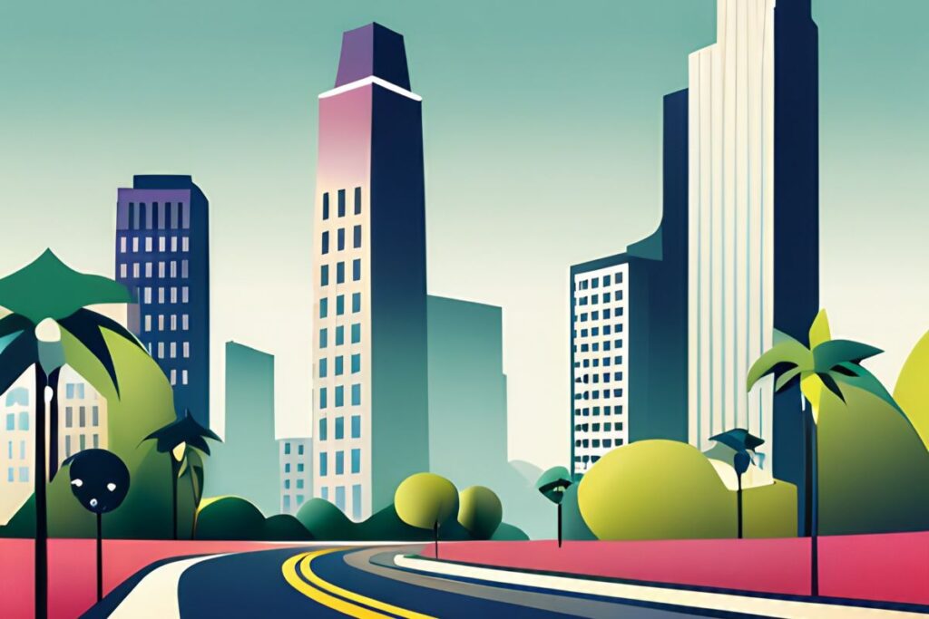 Cartoon graphic of Los Angeles with a highway, palm trees, and tall buildings.