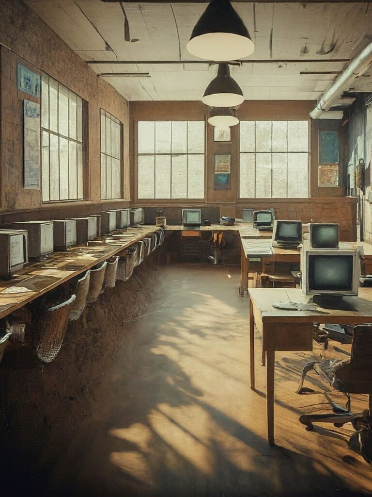 History of Coworking rendering of an early 2000s coworking space.