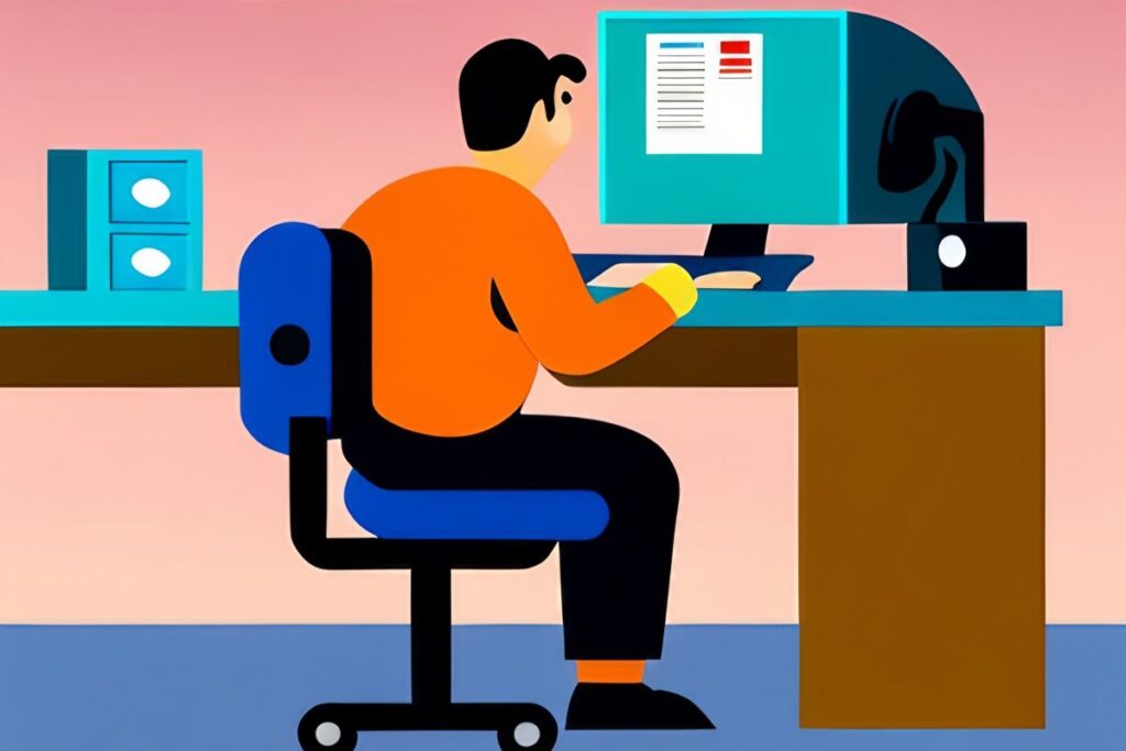 Cartoon of the history of coworking, showing a man working at a large 1980s desktop computer.