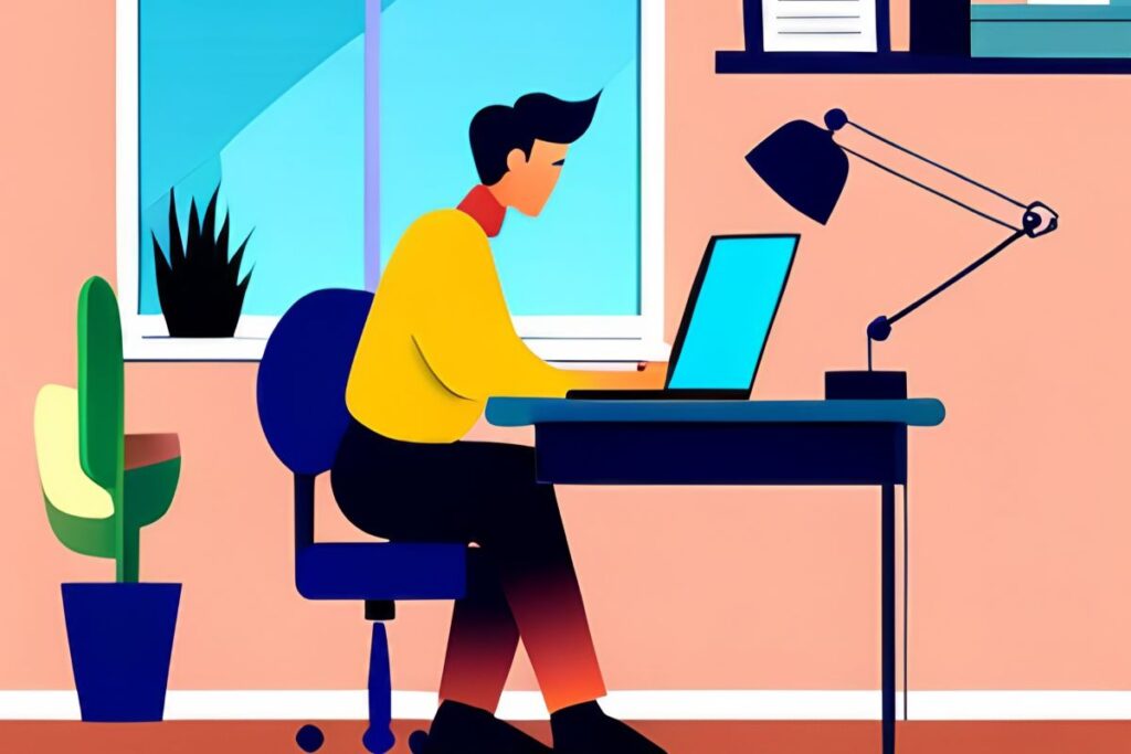Cartoon of a man sitting at his laptop working in a home office.