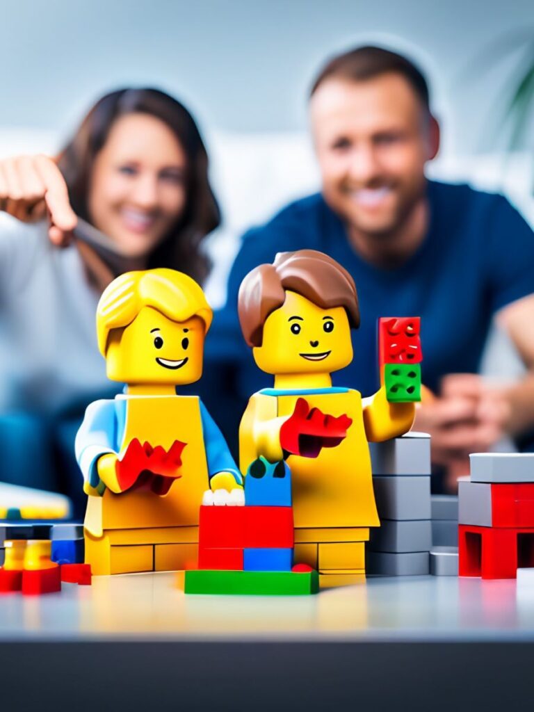 2 Lego figurines standing on a table in the foreground with a woman and man blurred in the background.