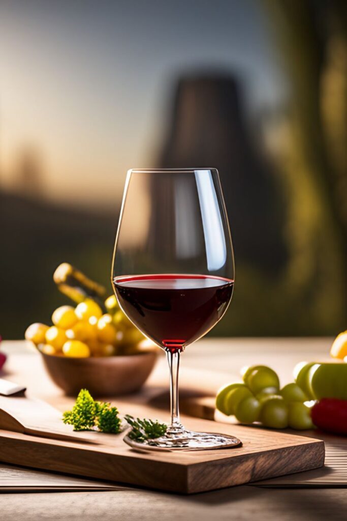 A photo of a still life with a glass of red wine and a wooden cutting board. The glass of wine is in the center of the photo, and the cutting board is under it. There are other objects in the photo, such as a bowl of grapes and a cheese knife.