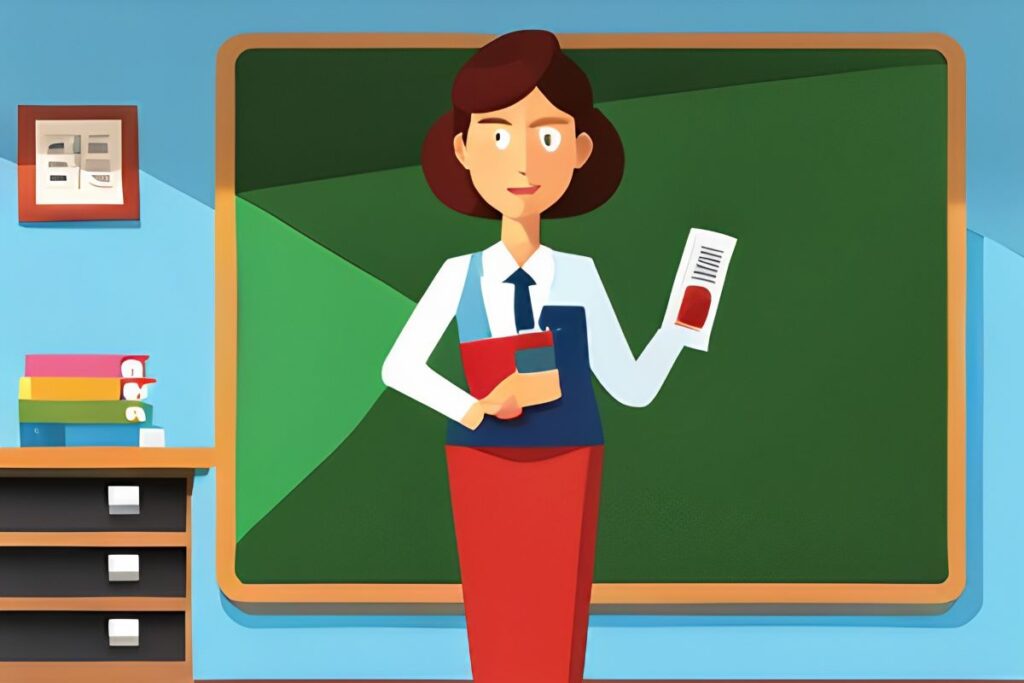 Cartoon graphic of a teacher in a classroom for a hardest subject to teach in front of a green chalkboard.