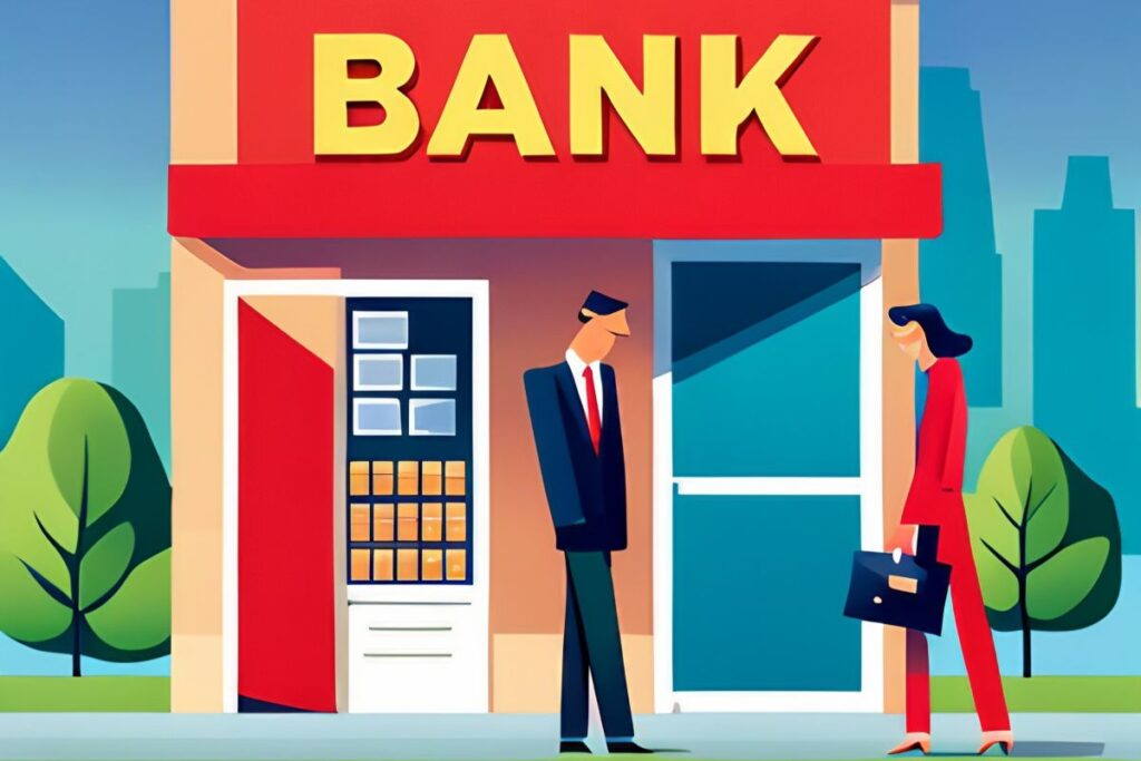 Cartoon graphic of two people outside of a bank.
