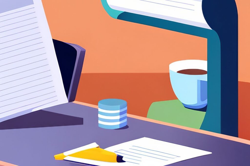 Cartoon graphic of free ESL worksheets on a desk.