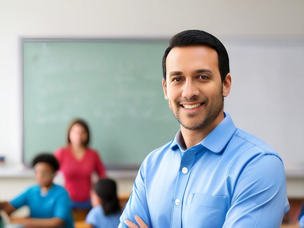 Smiling male teacher in a blue shirt standing in his classroom with students blurred inthe background.