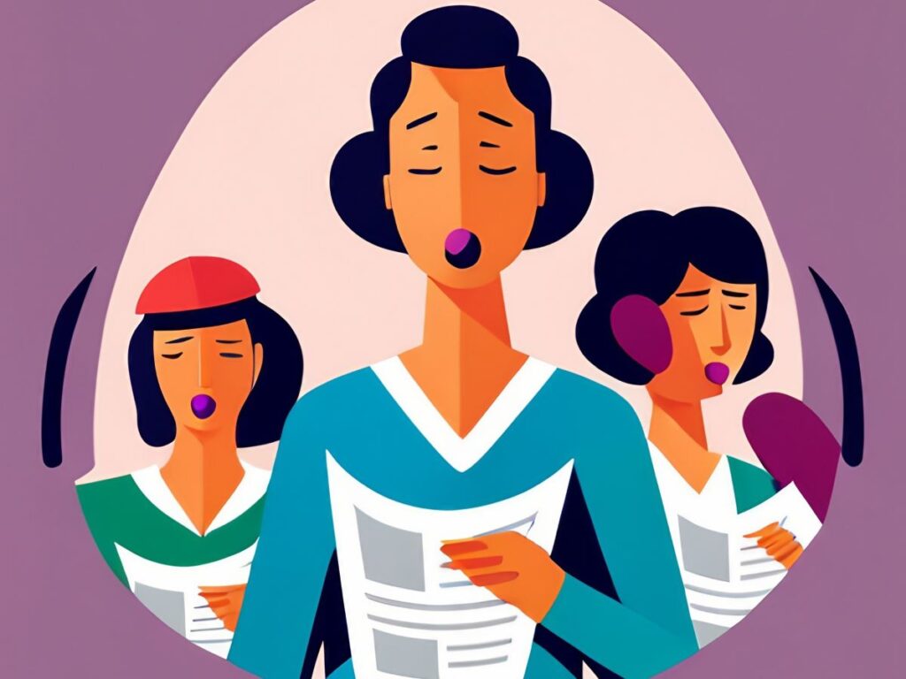 Cartoon graphic of three women singing