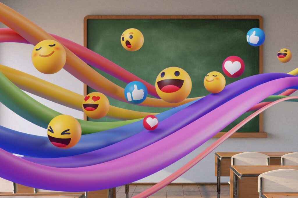 Emojis and a rainbow floating through a classroom