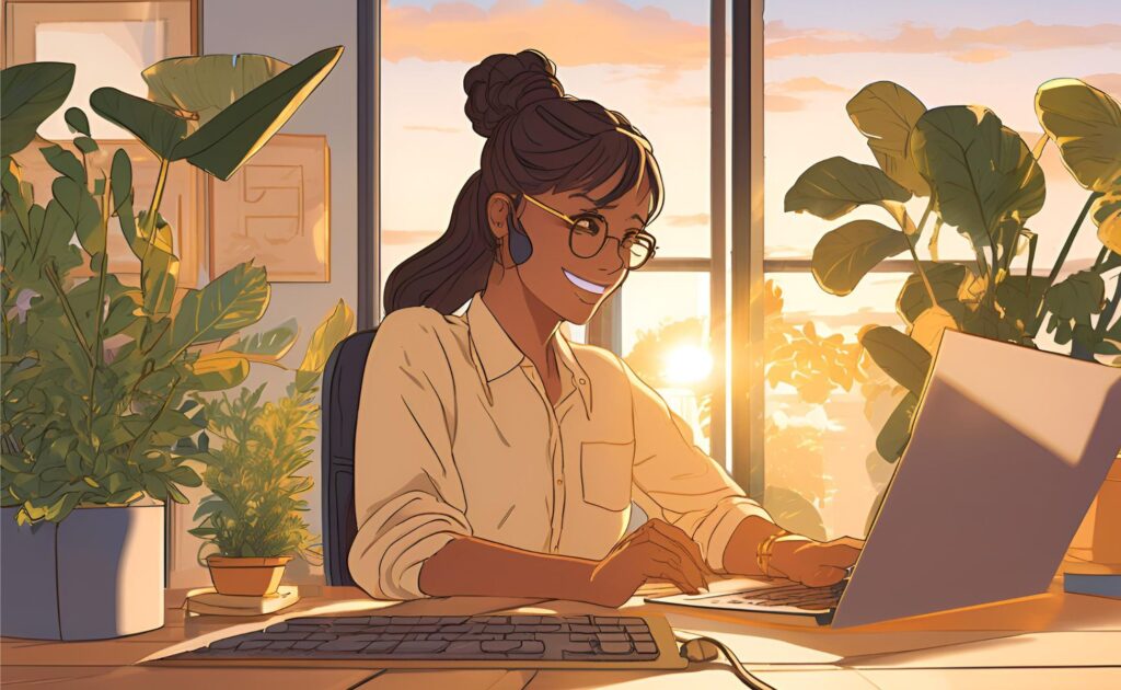 Cartoon graphic of a woman sitting at a laptop in a home office with the sun setting behind her