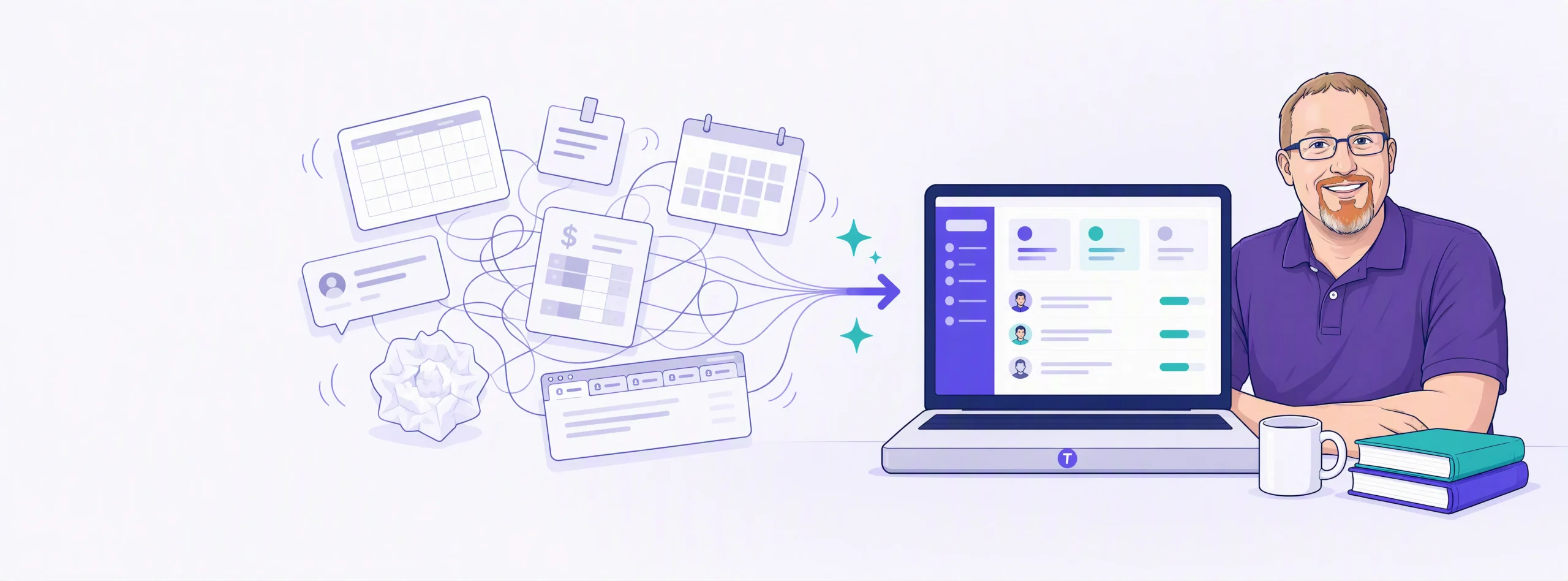 An illustration of scattered spreadsheets, sticky notes, calendars and invoices, tangled together and then converging into a single laptop showing The Tutor Resource dashboard, with a tutor sitting beside it