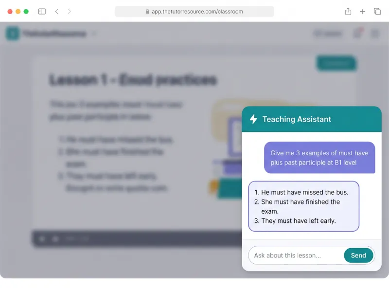 The Teaching Assistant chat panel open beside a lesson slide